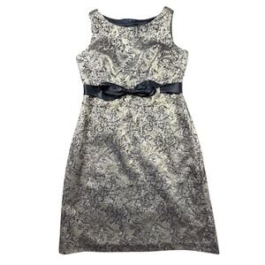 Jessica Howard Petite Metallic Brocade Floral Cocktail Dress Gold Black Bow 4P